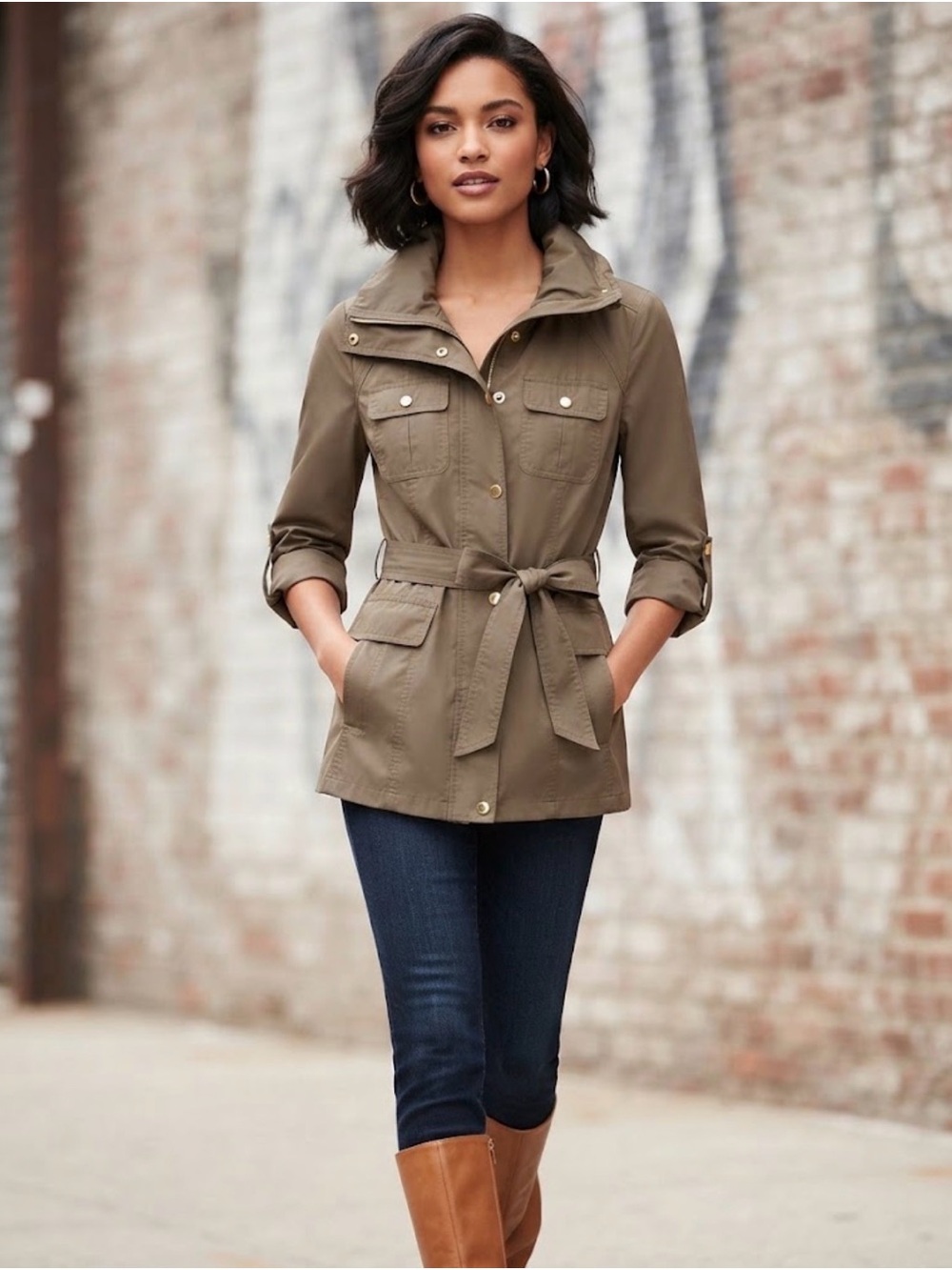 Ellen Tracy Khaki Utility Jacket with Waist Tie